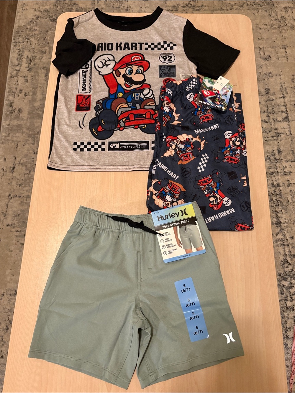 Boys clothing lot Hurley Shorts size 6/7 and Mario Kart pajamas size 8 NWT